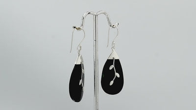 Black shell silver leaf motif dangle earrings