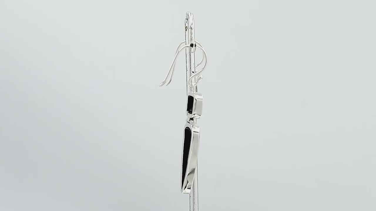 Sterling silver long drop earrings with polished Black Shell dual-shape elements for wholesale buyers