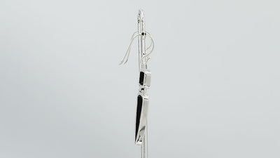 Sterling silver long drop earrings with polished Black Shell dual-shape elements for wholesale buyers