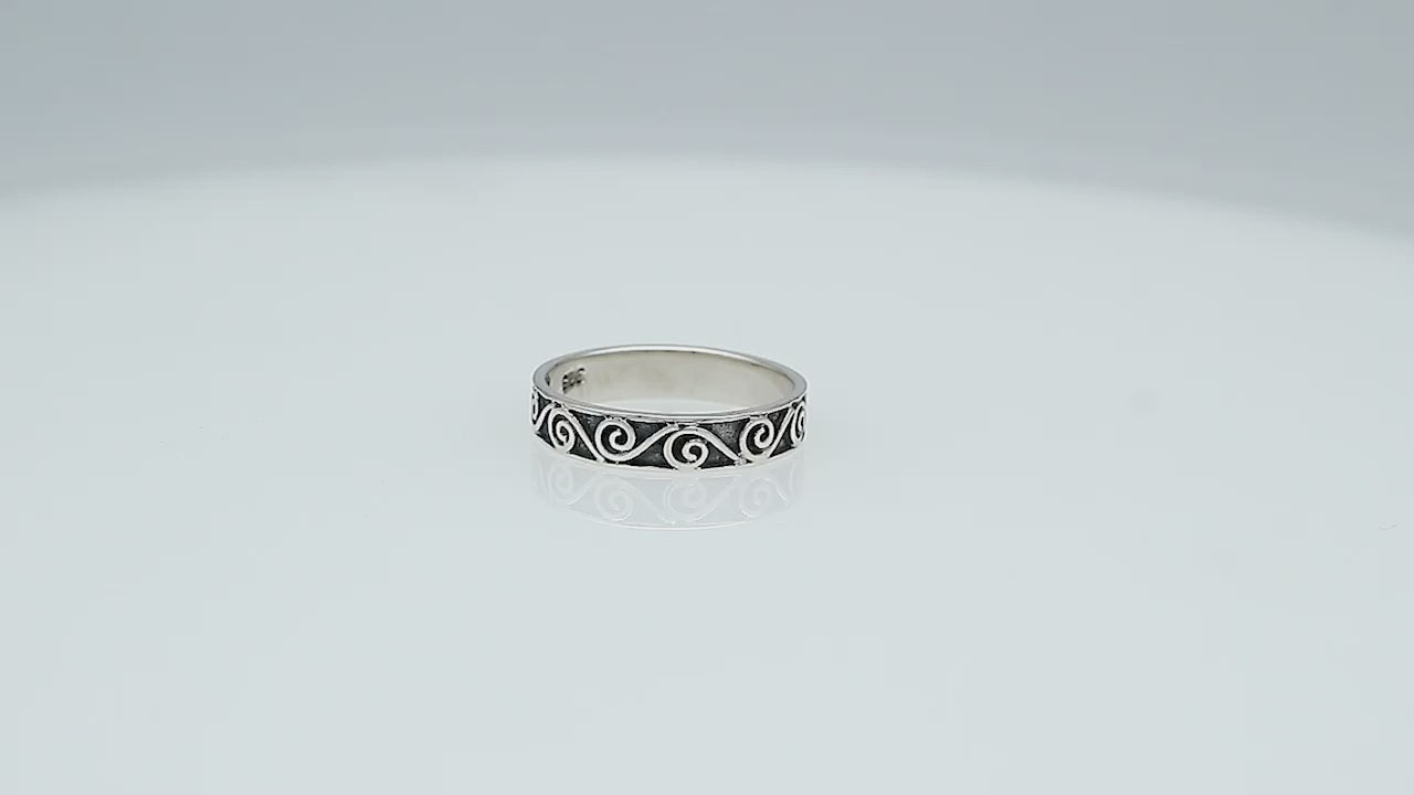 Wholesale sterling silver spiral band ring with Balinese scroll design, handcrafted artisan jewelry from Bali.