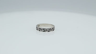 Wholesale sterling silver spiral band ring with Balinese scroll design, handcrafted artisan jewelry from Bali.