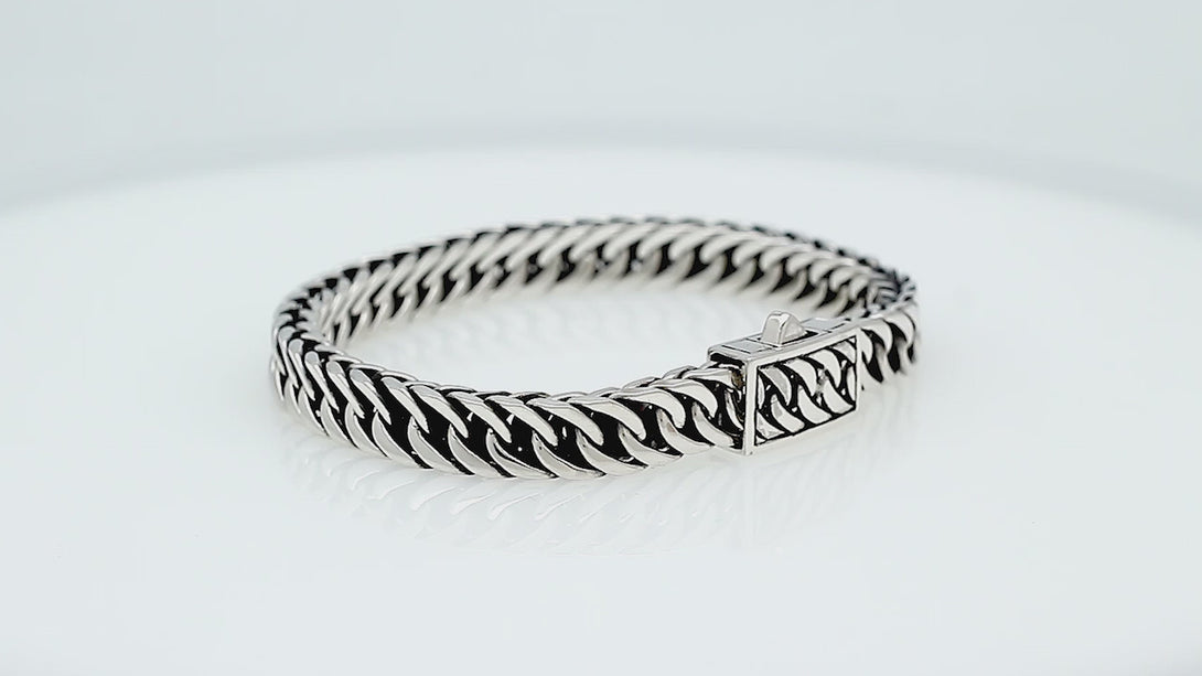 Sterling silver Cuban chain bracelet with box clasp and oxidized inner detailing handcrafted in Bali.