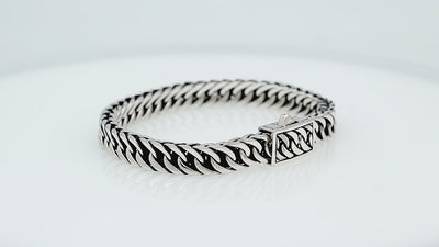 Sterling silver Cuban chain bracelet with box clasp and oxidized inner detailing handcrafted in Bali.