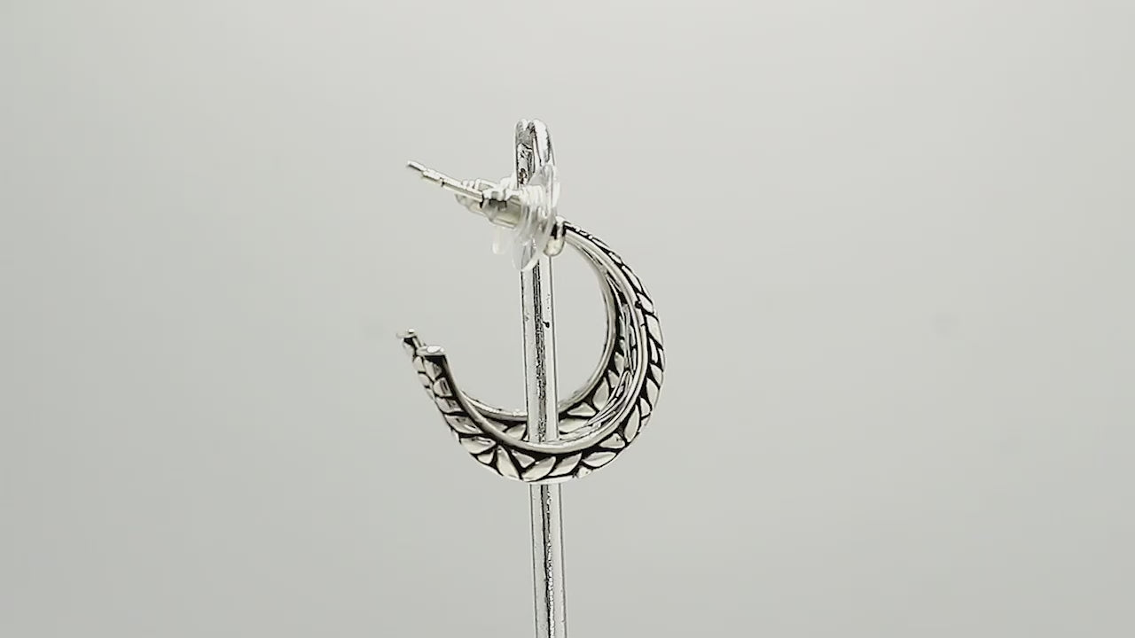 Wholesale sterling silver hoop earrings with handcrafted Bali leaf design