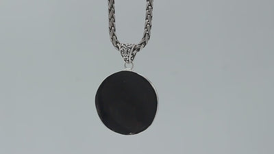 Wholesale sterling silver round pendant with abalone shell inlay and floral scroll accents, handcrafted Bali artisan jewelry for bulk buyers.