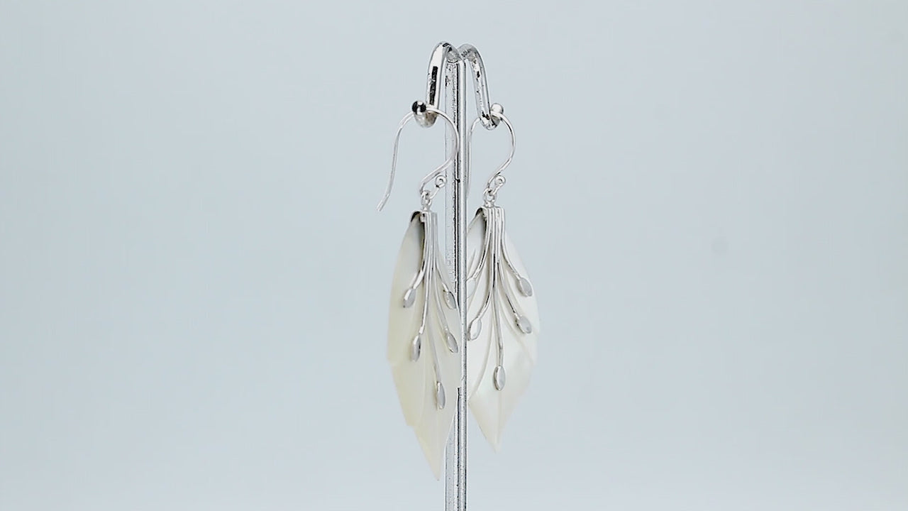 Sterling silver mother of pearl leaf earrings with carved detailing and polished finish