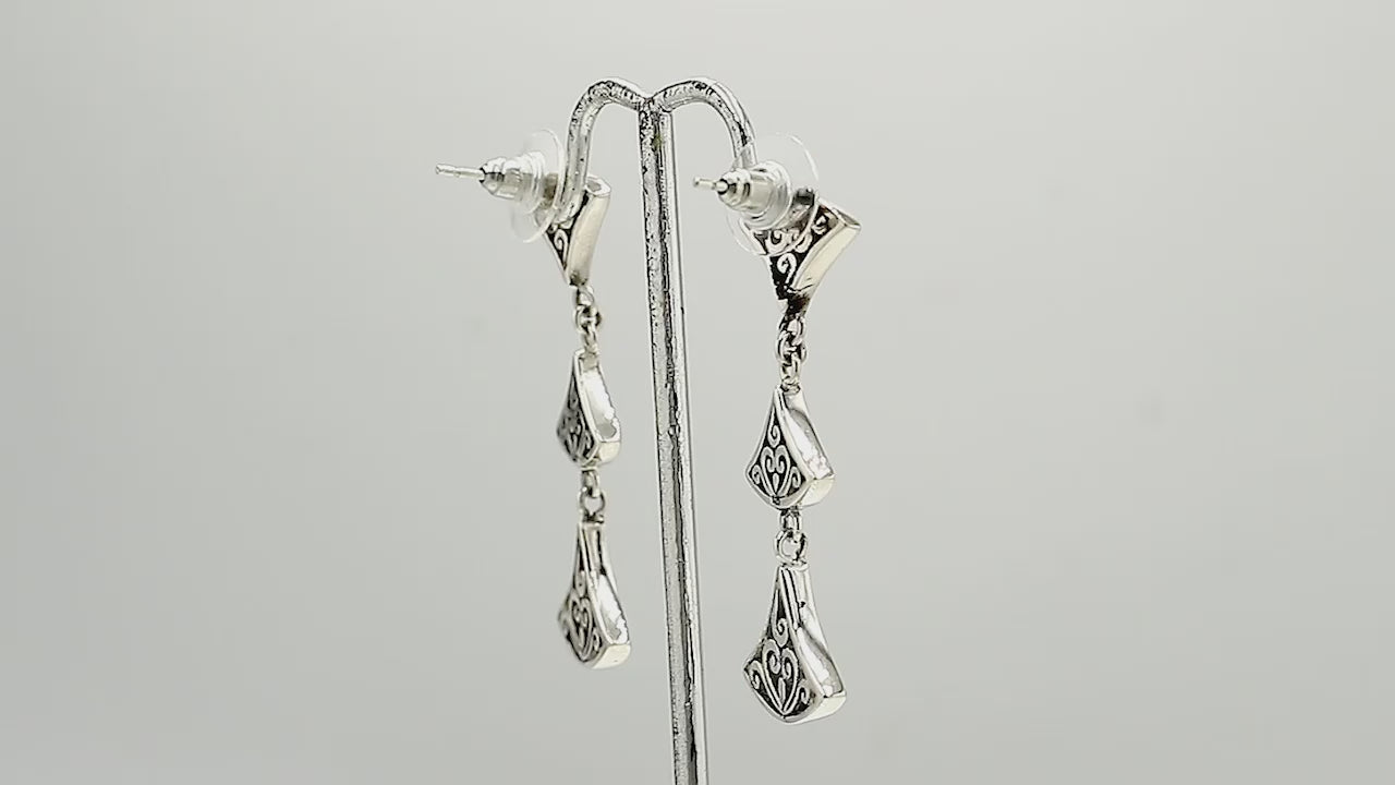 Sterling silver Black Shell three-section fan drop earrings with post clip lock for wholesale jewelry collections.