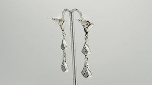 Sterling silver Black Shell three-section fan drop earrings with post clip lock for wholesale jewelry collections.