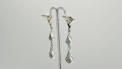 Sterling silver Black Shell three-section fan drop earrings with post clip lock for wholesale jewelry collections.