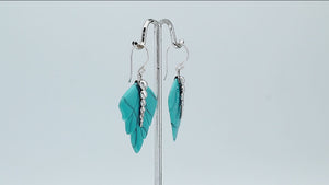 Sterling silver turquoise shell carved leaf drop earrings with polished silver bead detailing and handcrafted shell finish.