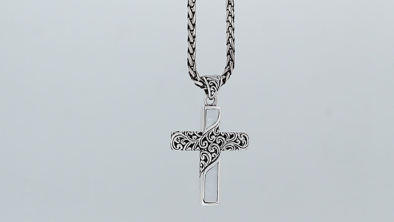 Sterling silver ornate cross pendant with mother of pearl inlay and oxidized scroll detailing