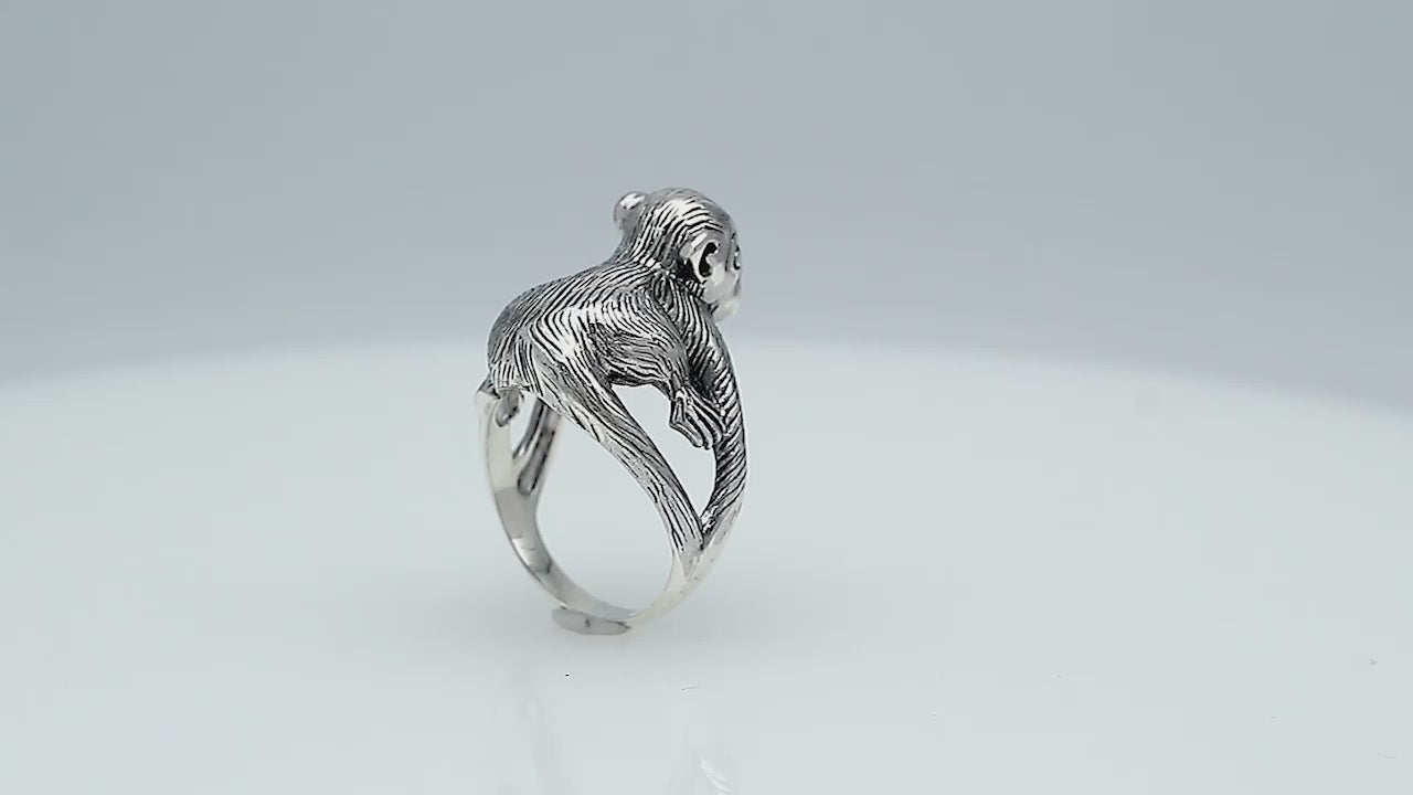 Wholesale sterling silver monkey design ring with detailed Balinese carvings and oxidized finish – handcrafted animal-inspired artisan jewelry for bulk buyers and resellers.