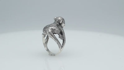 Wholesale sterling silver monkey design ring with detailed Balinese carvings and oxidized finish – handcrafted animal-inspired artisan jewelry for bulk buyers and resellers.