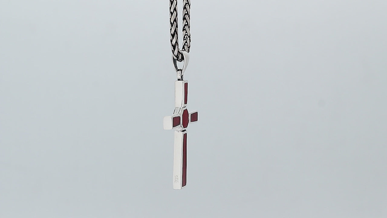 Sterling silver geometric cross pendant with red coral inlay and polished finish