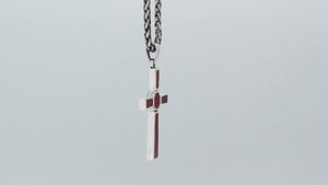 Sterling silver geometric cross pendant with red coral inlay and polished finish