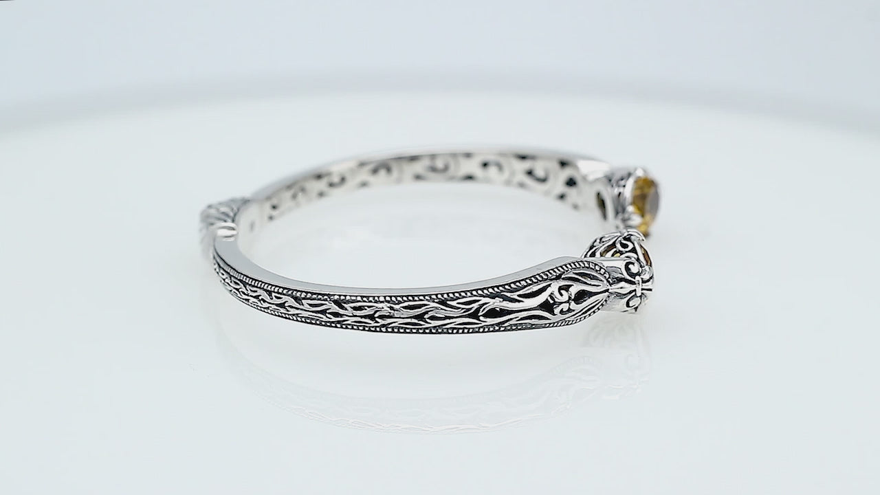 Sterling silver Citrine Quartz open cuff bangle bracelet with handcrafted Balinese detailing