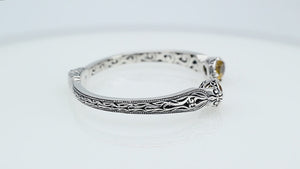 Sterling silver Citrine Quartz open cuff bangle bracelet with handcrafted Balinese detailing