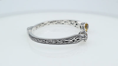 Sterling silver Citrine Quartz open cuff bangle bracelet with handcrafted Balinese detailing