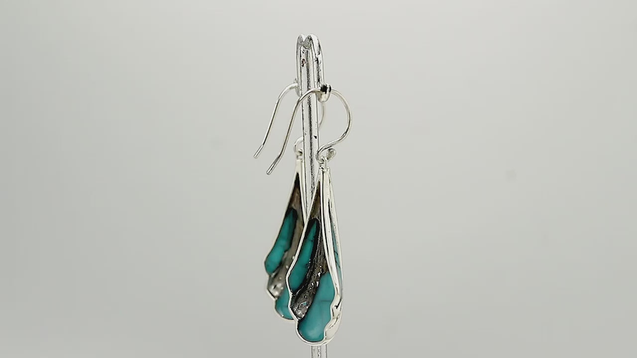 Sterling Silver Filigree Long Sculpted Drop Earrings Featuring Vibrant Turquoise Shell Inlay And Detailed Balinese Craftsmanship