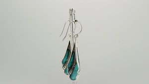 Sterling Silver Filigree Long Sculpted Drop Earrings Featuring Vibrant Turquoise Shell Inlay And Detailed Balinese Craftsmanship