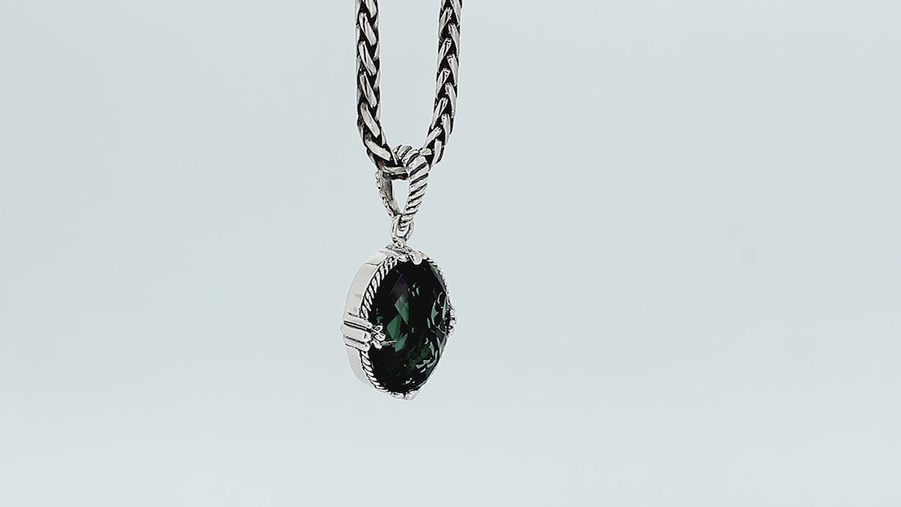 Sterling silver Green Quartz oval shape pendant with handcrafted twisted rope detailing