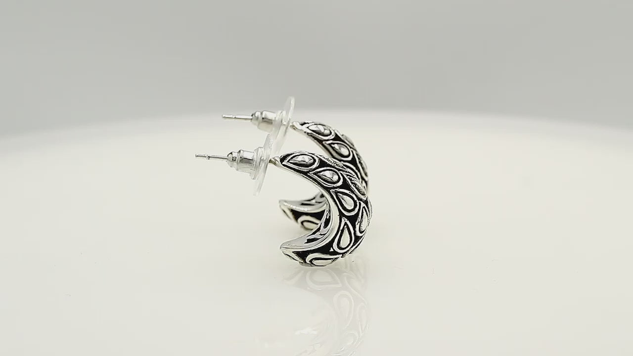 Sterling Silver Textured Teardrop Pattern Half Hoop Earrings