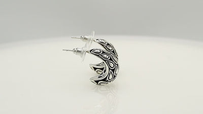 Sterling Silver Textured Teardrop Pattern Half Hoop Earrings