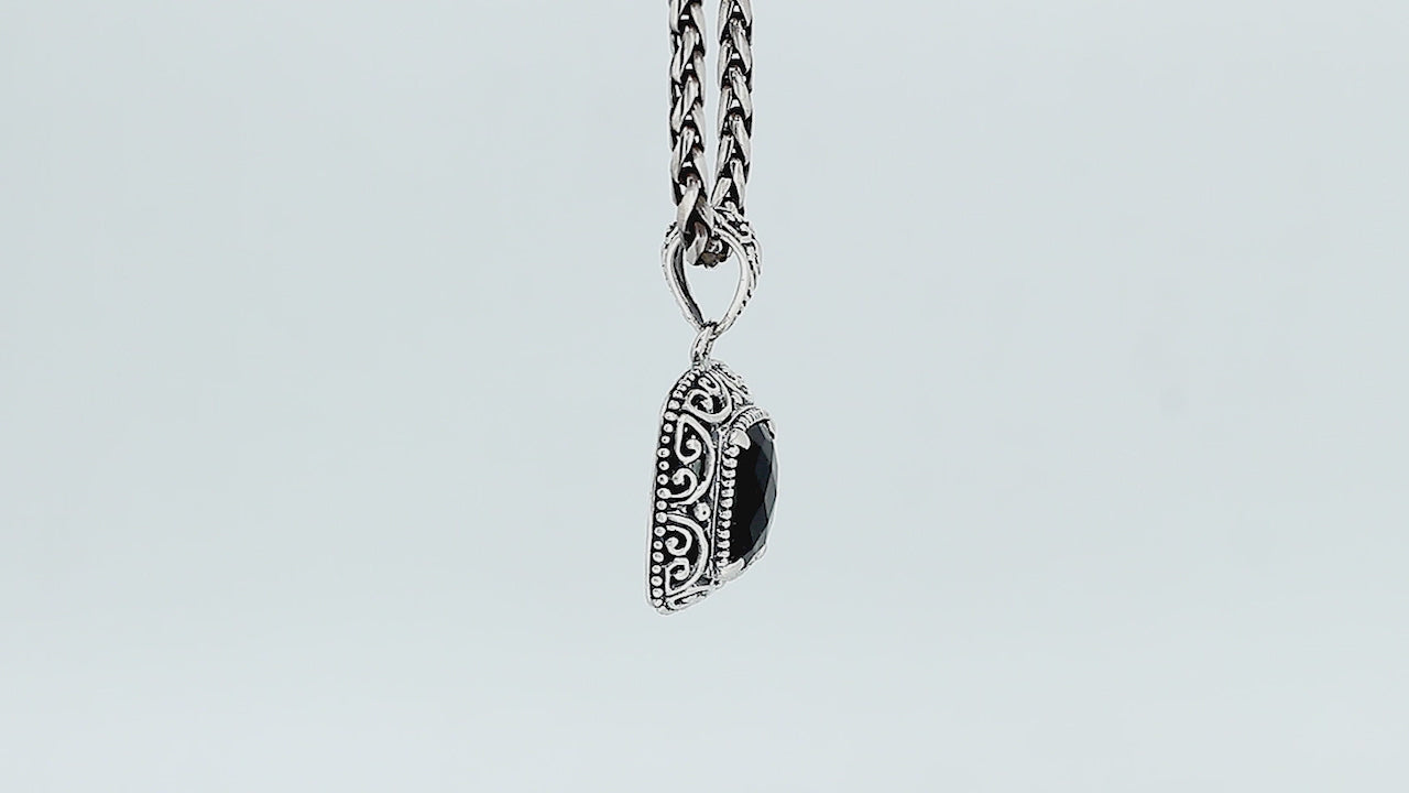 Sterling silver Green Quartz cushion cut pendant with handcrafted Balinese scrollwork detailing