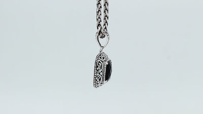 Sterling silver Green Quartz cushion cut pendant with handcrafted Balinese scrollwork detailing