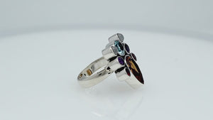 Sterling Silver handcrafted multi-stone ring with Blue Topaz, Amethyst, Citrine, Garnet, and Rainbow Moonstone wholesale from Bali, Indonesia