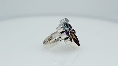 Sterling Silver handcrafted multi-stone ring with Blue Topaz, Amethyst, Citrine, Garnet, and Rainbow Moonstone wholesale from Bali, Indonesia