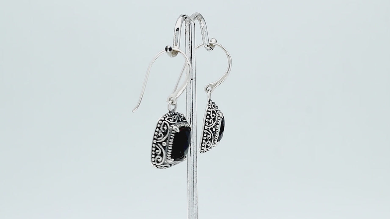 Sterling silver Green Quartz cushion cut drop earrings with handcrafted Balinese detailing