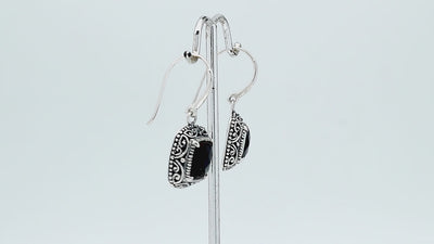 Sterling silver Green Quartz cushion cut drop earrings with handcrafted Balinese detailing