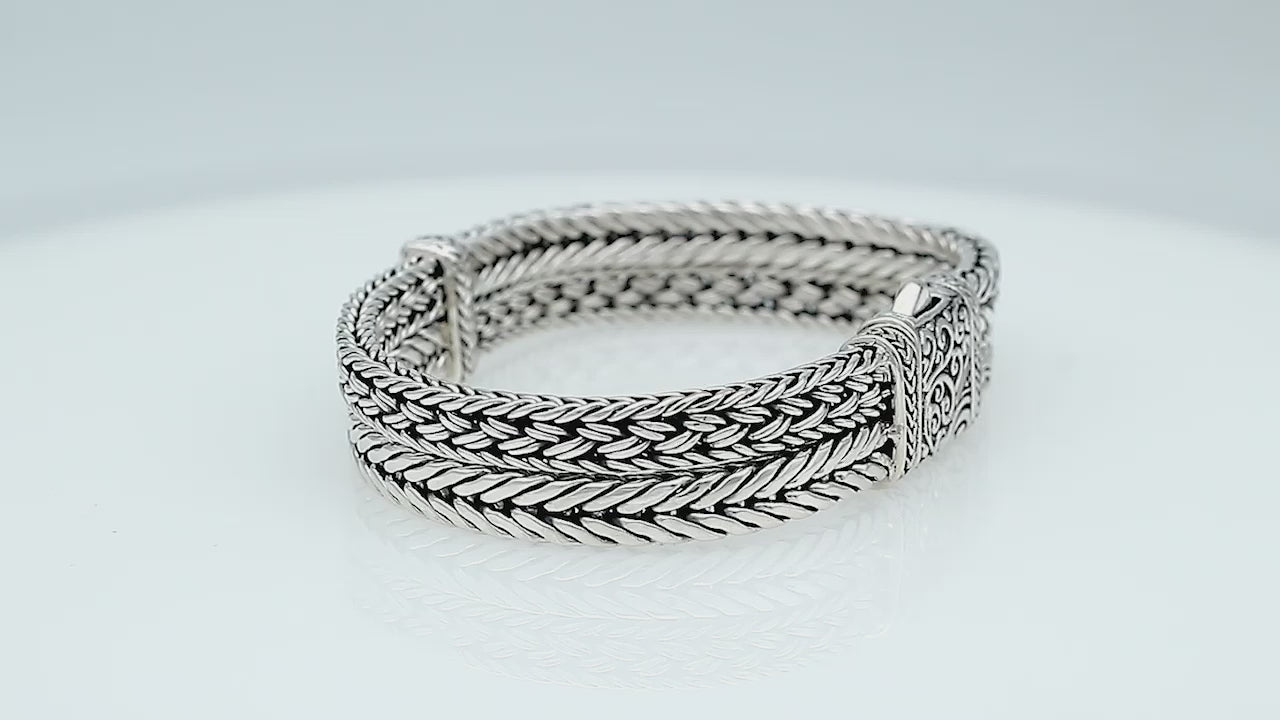 Wholesale sterling silver triple wheat chain cuff bracelet handcrafted in Bali