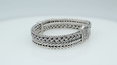 Wholesale sterling silver triple wheat chain cuff bracelet handcrafted in Bali