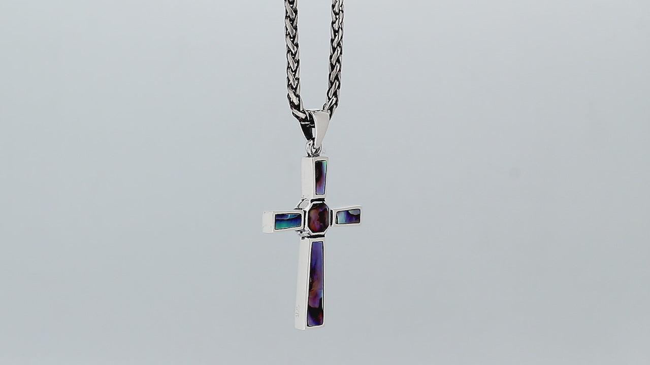 Sterling silver geometric cross pendant with abalone shell inlay and polished finish