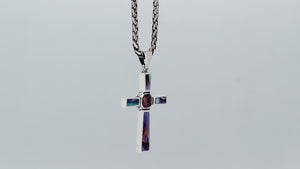 Sterling silver geometric cross pendant with abalone shell inlay and polished finish