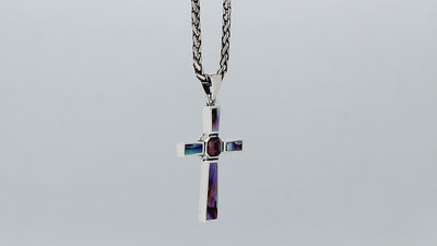 Sterling silver geometric cross pendant with abalone shell inlay and polished finish