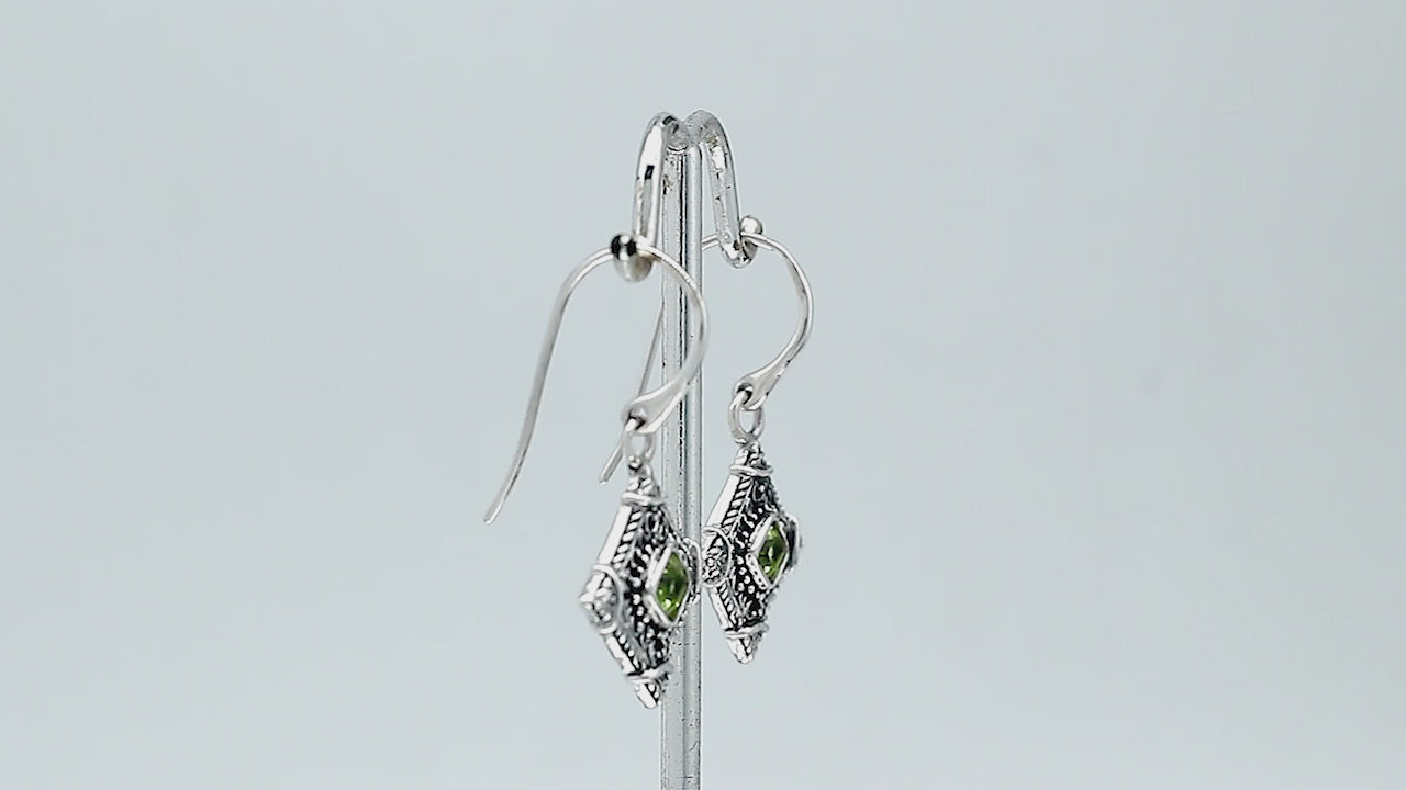 Sterling silver Peridot Quartz drop earrings with ornate Balinese filigree detailing