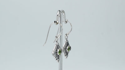Sterling silver Peridot Quartz drop earrings with ornate Balinese filigree detailing