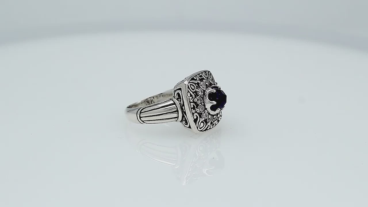 Sterling Silver Handcrafted Ornate Designer Square Shape Ring With Amethyst Quartz