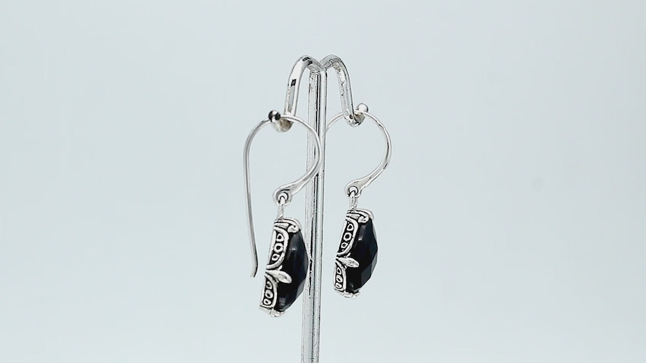 Sterling Silver Black Onyx pear shape drop earrings with handcrafted Balinese detailing