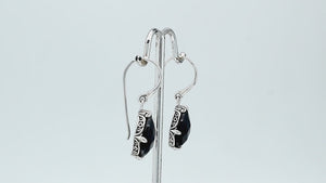 Sterling Silver Black Onyx pear shape drop earrings with handcrafted Balinese detailing