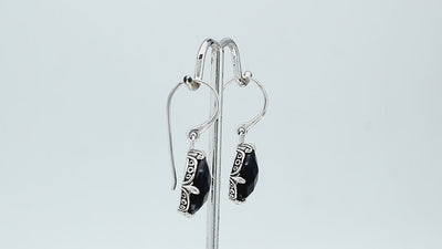 Sterling Silver Black Onyx pear shape drop earrings with handcrafted Balinese detailing
