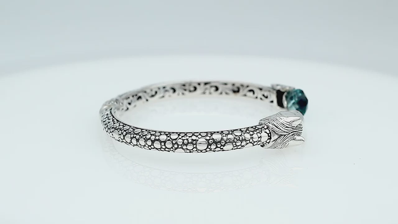 Sterling Silver Dragon Head Bangle with Amethyst Quartz handcrafted in Bali featuring intricate filigree detailing.