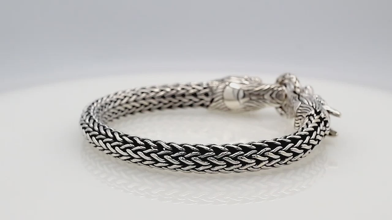 Sterling silver double dragon head bracelet with woven chain and oxidized finish