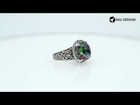 Wholesale sterling silver ring with cushion-cut Mystic Quartz in Multicolor tones and Balinese carvings.