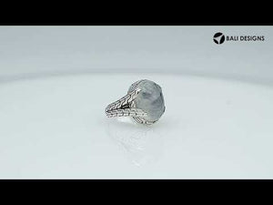 Wholesale Sterling Silver oval Rainbow Moonstone cabochon ring with Balinese engraved band design
