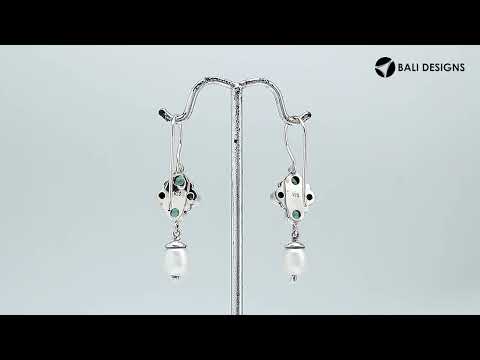 Sterling Silver Fresh Water Pearl and Green Quartz floral drop earrings handcrafted in Bali with polished silver finish.