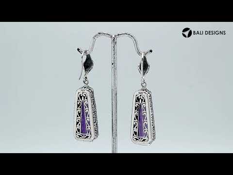 Sterling silver Green Amethyst Quartz long floral drop earrings with oxidized finish and earwire lock.